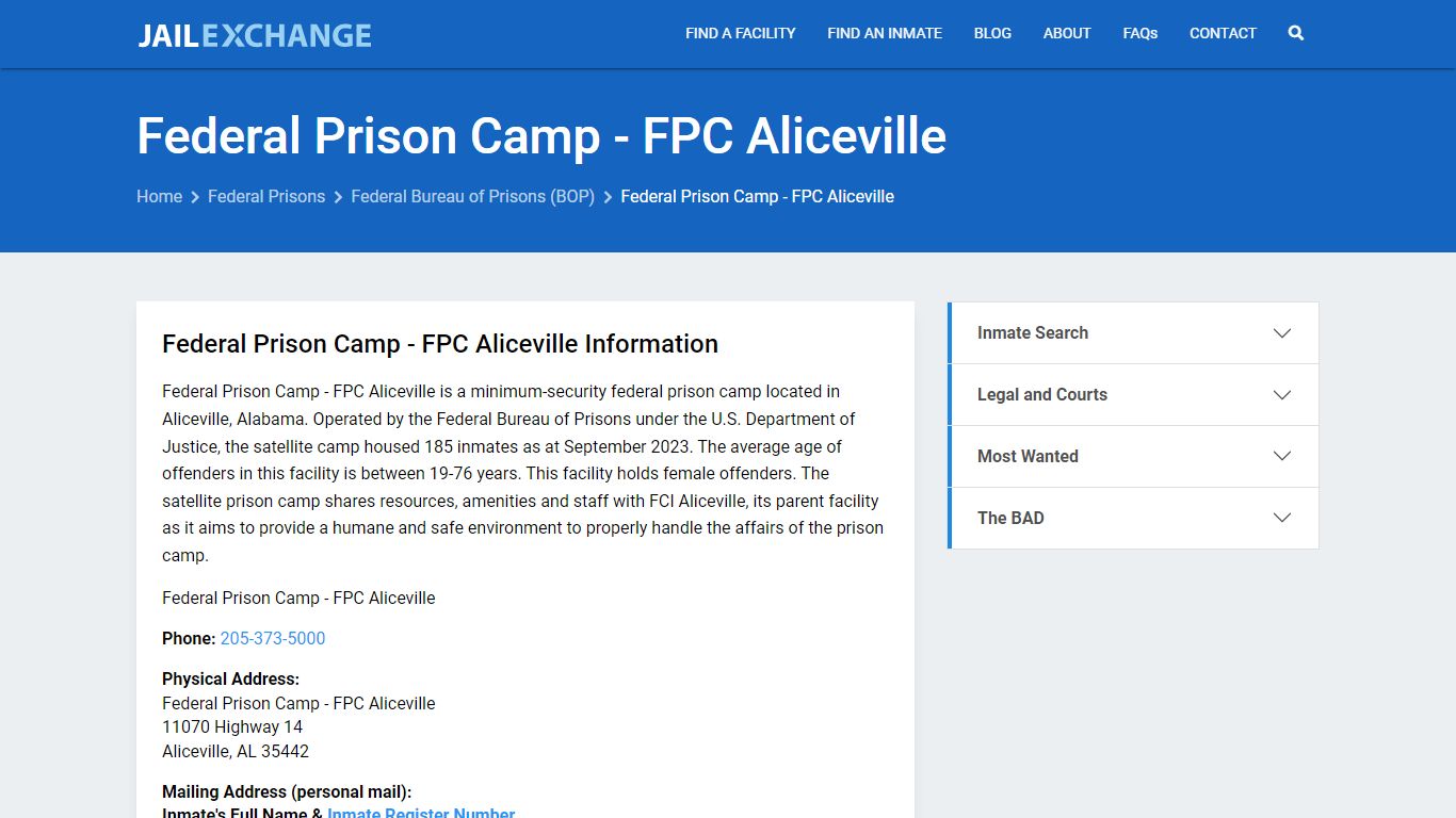Federal Inmate Search - Federal Prison Camp - FPC Aliceville